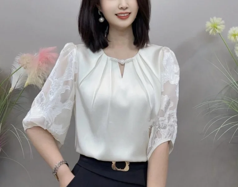 Elegant Korean Popular Clothes Chiffon Shirt Seven Sleeve Minimally Designed Commuter Jacquard O-Neck Women's Loose Shirt Top