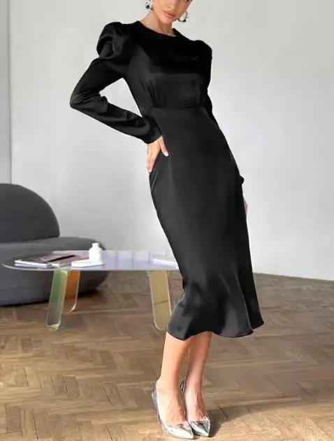 Outono preto elegante grosso fosco cor ding cetim em torno do pescoço manga bolha viajando vestido sexy para mulher