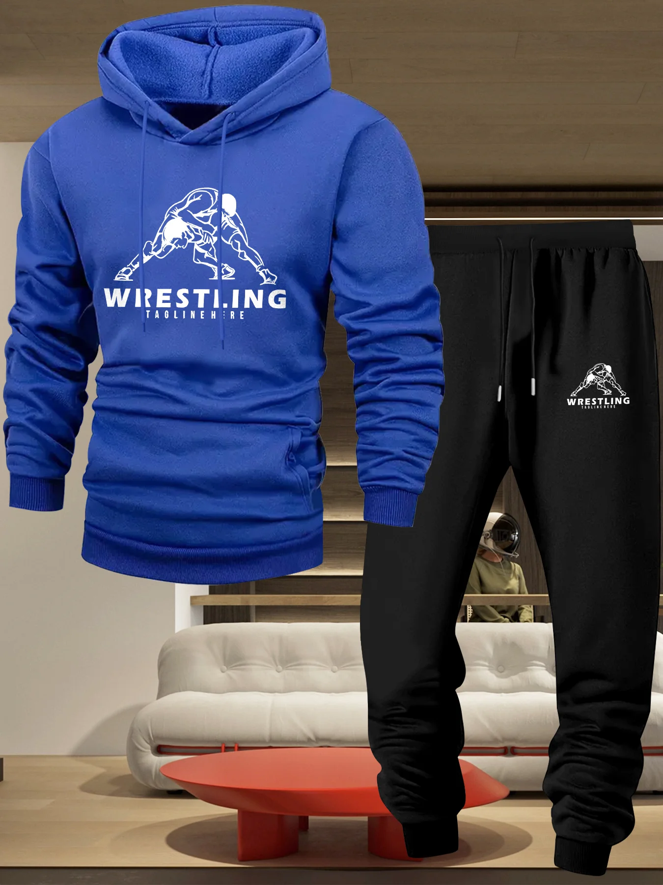 Men's 2‑Pcs Hooded Sweatshirt Set Wrestling Pattern Long Sleeve Hoodie Casual Sportswear Sweatshirt And Pants For Autumn Winter view 3