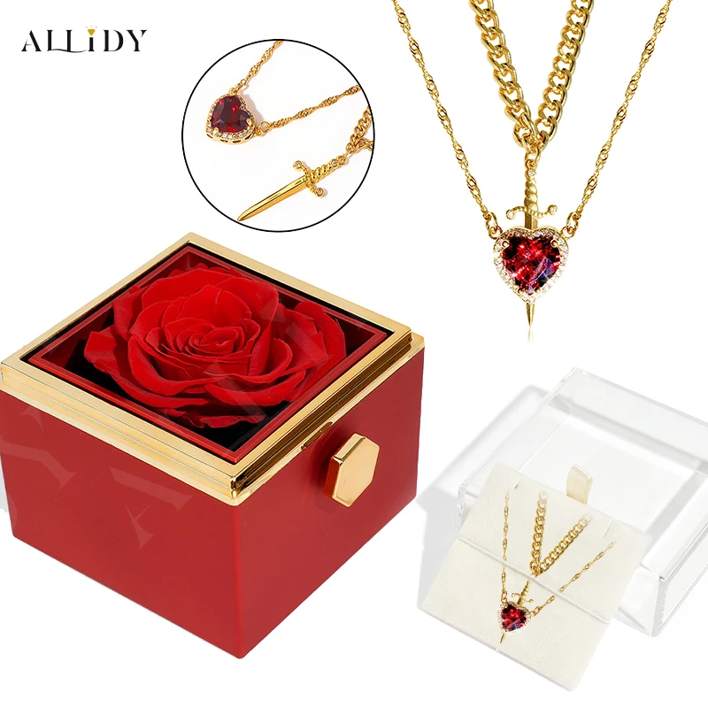 

Hot Red Crystal Love Dagger Fashion Pendant Layered French Vintage Necklace with Eternal Rose Jewelry Box Valentine's Day Gift