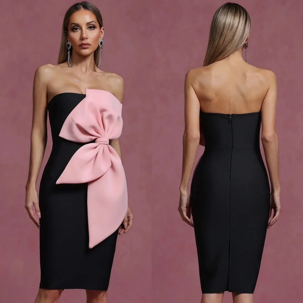 

Customized High Quality Fashion Jersey Bow Pleat A-line Strapless Knee Length Dresses Bespoke Occasion Dresses Sizes Available