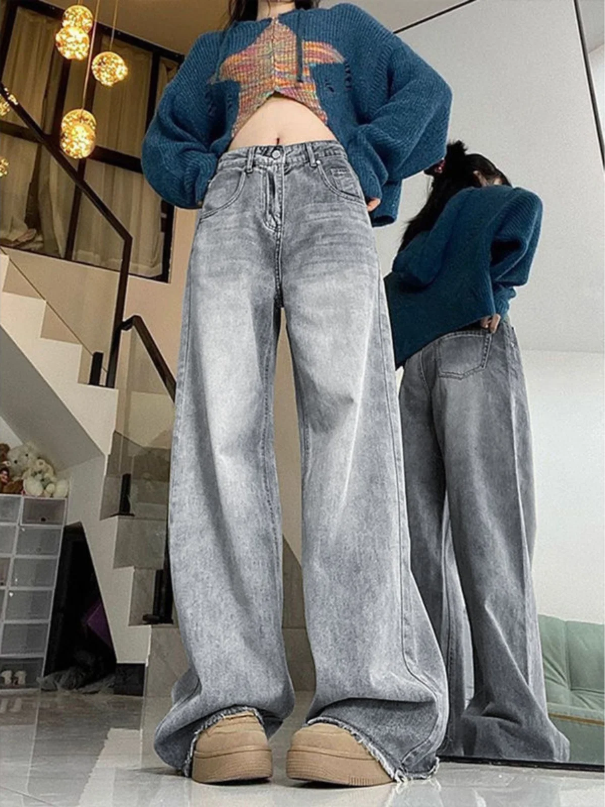 

Washed Light Grey American Retro Wide Leg Jeans Women's Small Size High Waist Loose Slimming Frayed Straight Long Pants