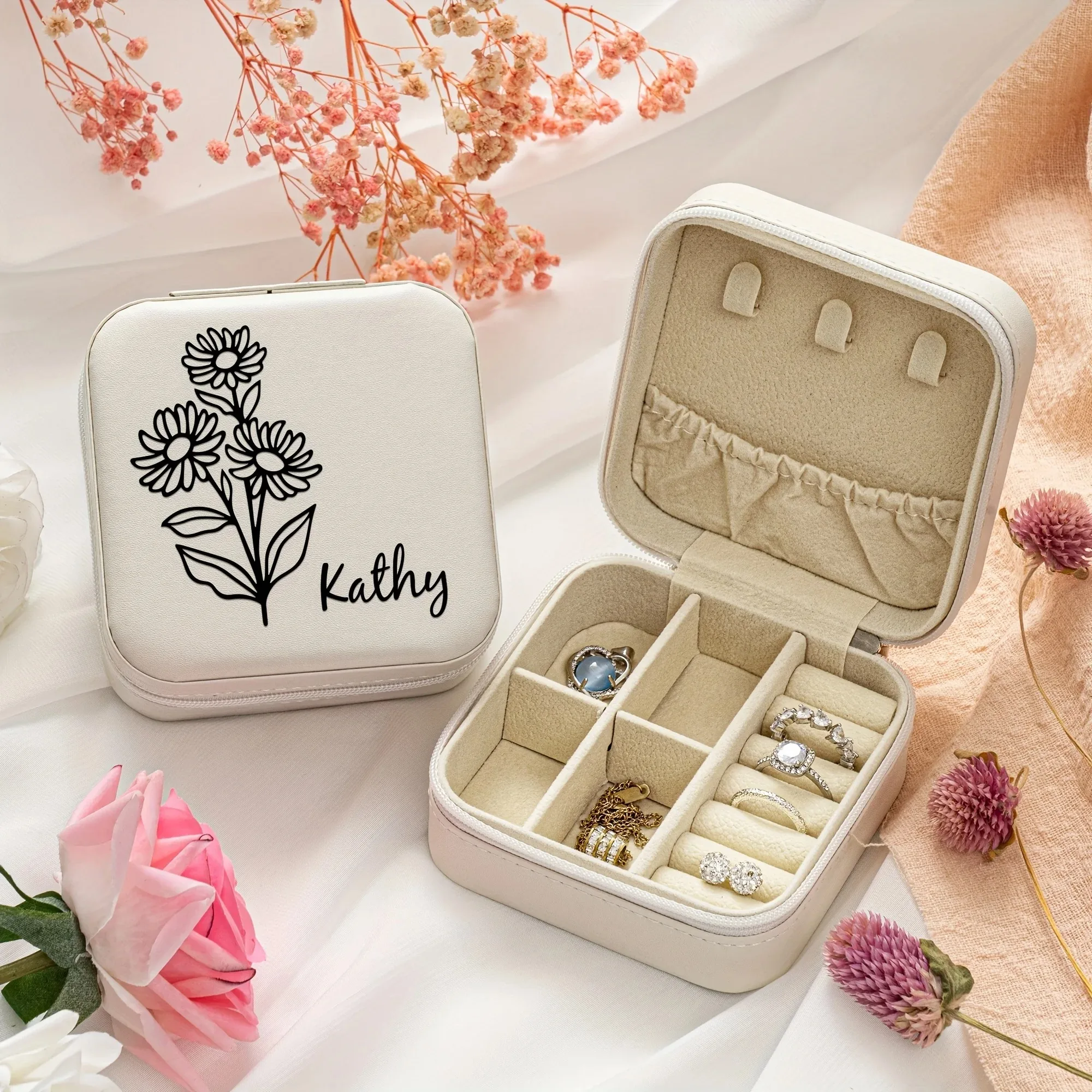 1Pc Custom Name Jewelry Storage Box Birthday Flower Gift Box Birthday Gift For Women Personalized PU Leather Jewelry Storage Box
