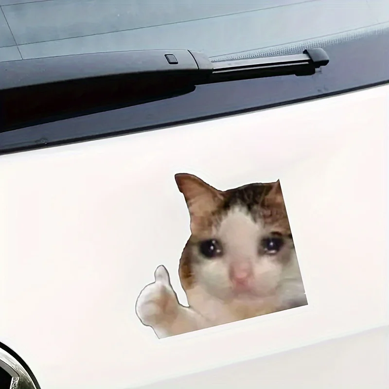 Crying Thumbs Up Cat Meme Vinyl Sticker, Funny Waterproof Decal for Car, Laptop, Luggage and Motorcycle