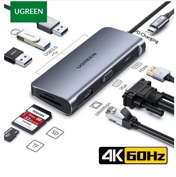 UGREEN 70490 USB C Hub 9 in 1 with 4K HDMI VGA Gigabit Ethernet USB 3.0 SD TF PD Type C Docking Station