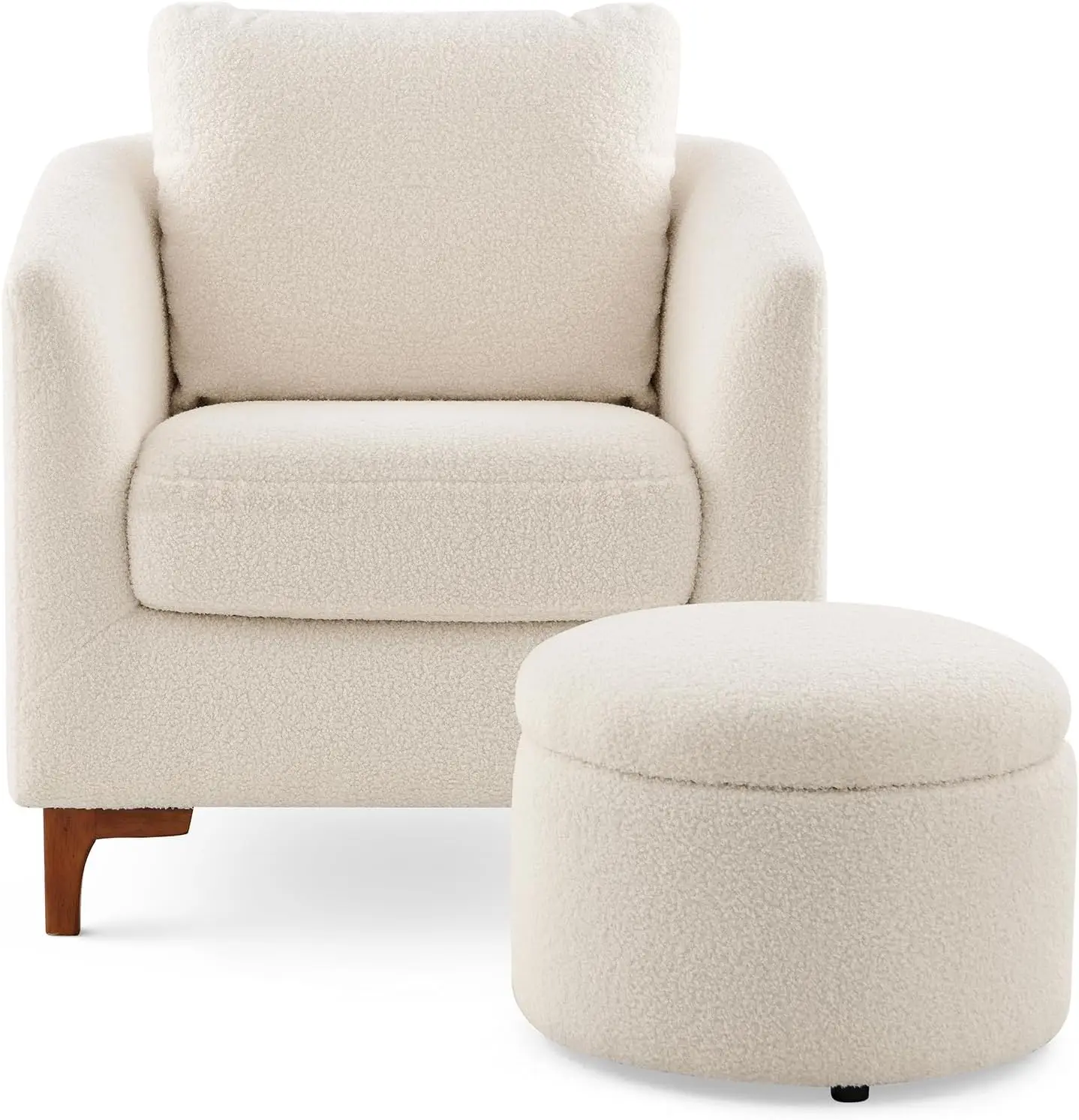 

Sherpa Accent Chair with Storage Ottoman Set Upholstered Barrel Arm Chair with Footrest Modern Living Room Cream