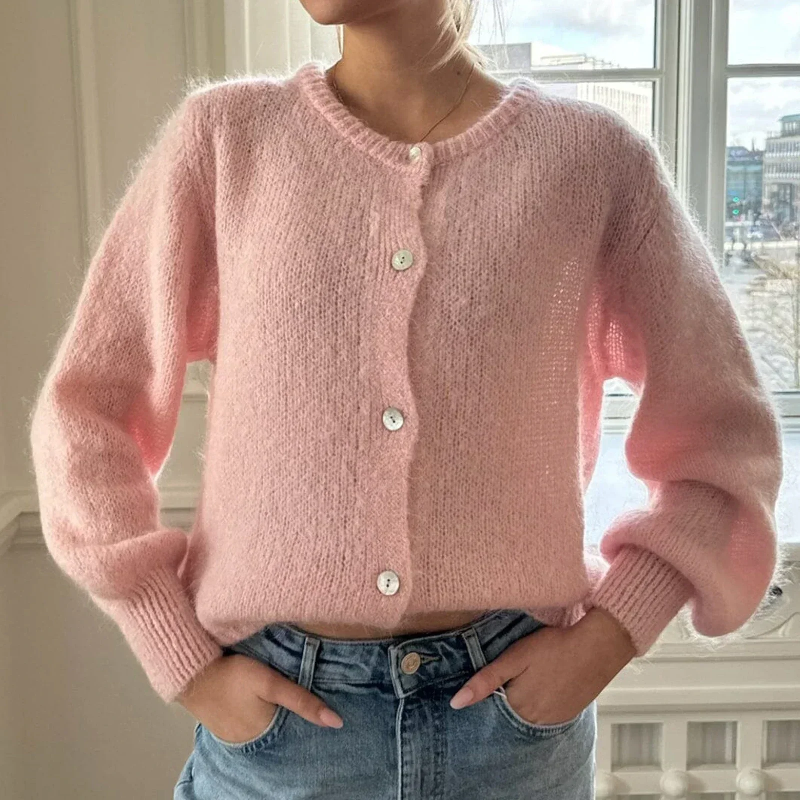 Women Solid Knitted Single Breasted Cardigan O-neck Long Sleeve Loose Soft Sweater 2024 Autumn Lady Knitwear ﻿