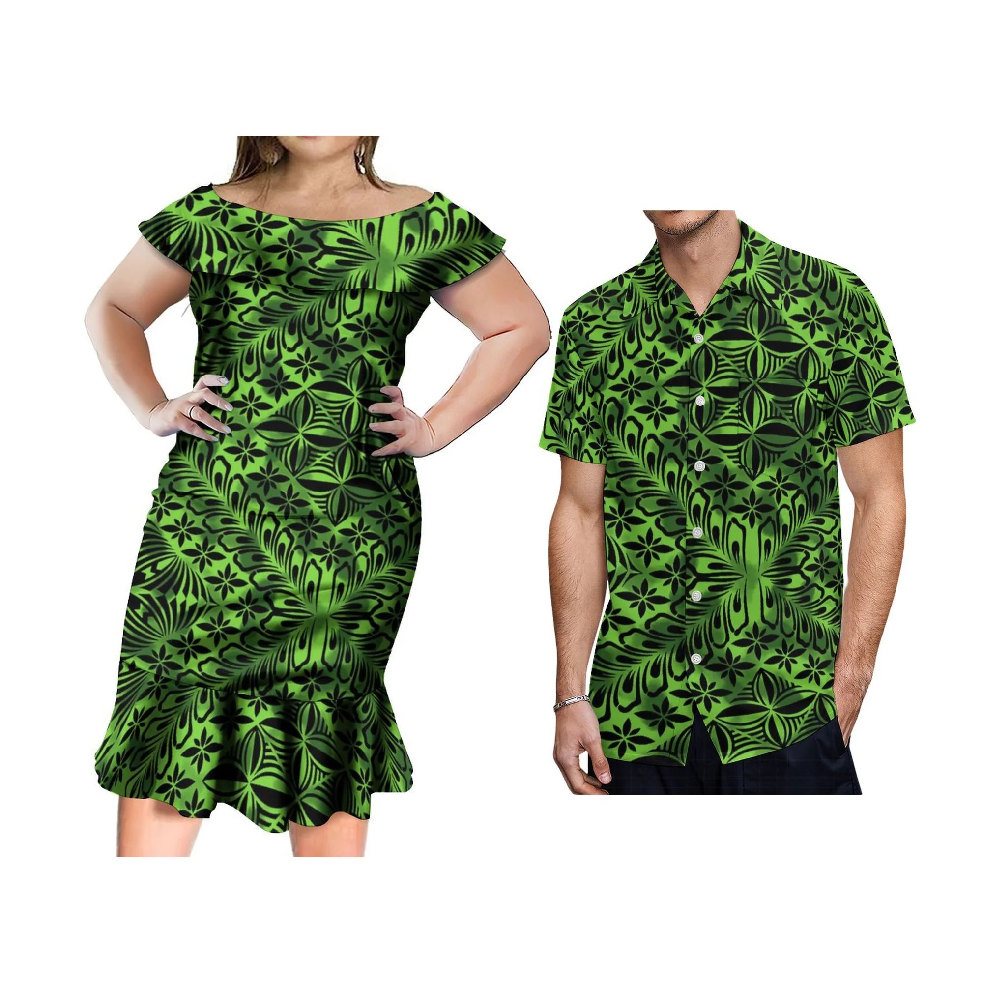 Custom Polynesian Print Women's Dress  Lotus Leaf Fishtail Skirt and Knee Skirt Elegant Slim Dress