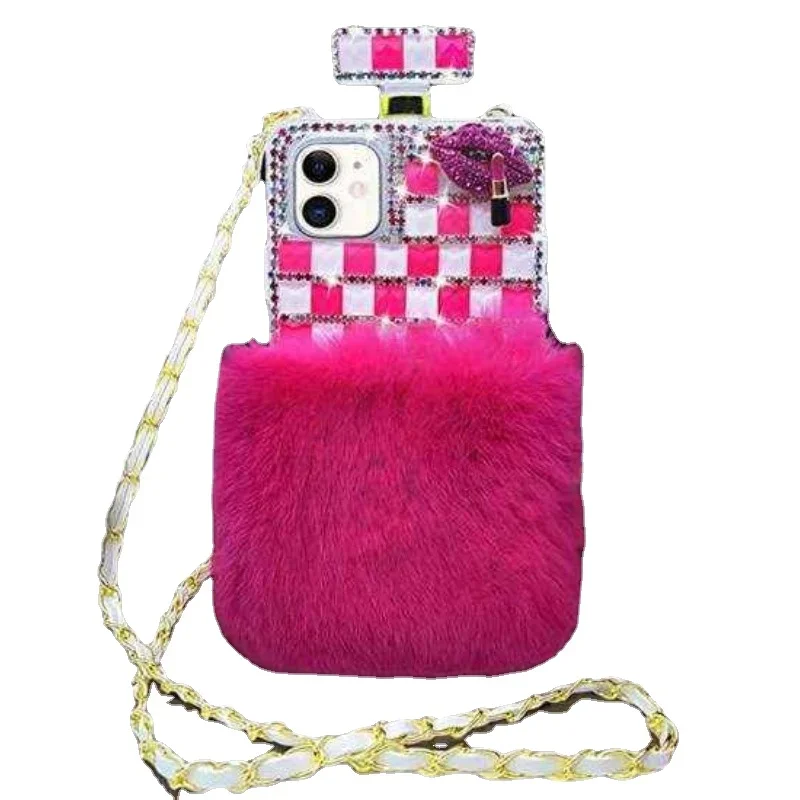Luxury Bling Diamond Fur Perfume Bottle Cover, Mobile Phone Case for iPhone 16 Plus, 11, 12, 13, 14, 15 Pro Max