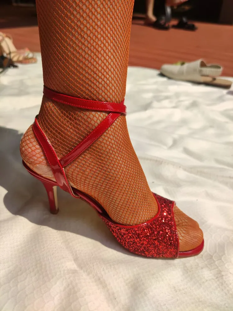 Evkoodance New Red Women Glitter Tango Shoes 9CM Heel Comfortable Latin Ballroom Dance Shoes for Tango Competition Wedding Party view 5