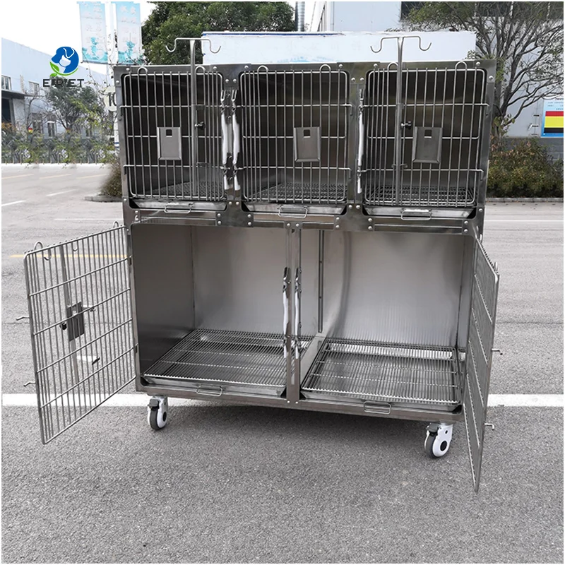 EUR VET 5 Door Stainless Dog Cage Upper Lower Cages 304 Anti-Rust Customizable Casters For Vet Hospital Use