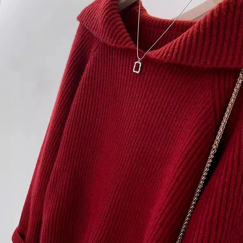Красный темно-синий свитер с воротником, женский зимний новый Sle Lazy Faion, мягкий уютный вязаный топ, длинный длинный свитер из полиэфирного волокна...