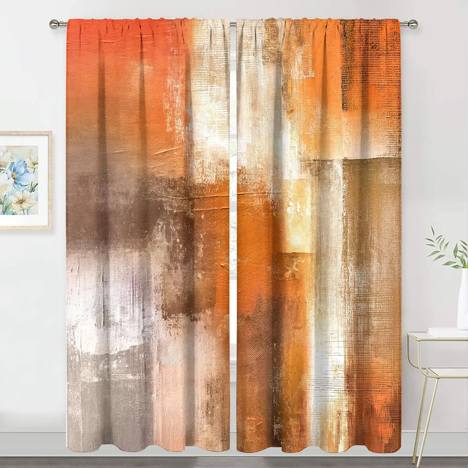 Abstract Art Window Curtains Orange Brown Textured Print Modern Geometric Decor for Living Room Bedroom