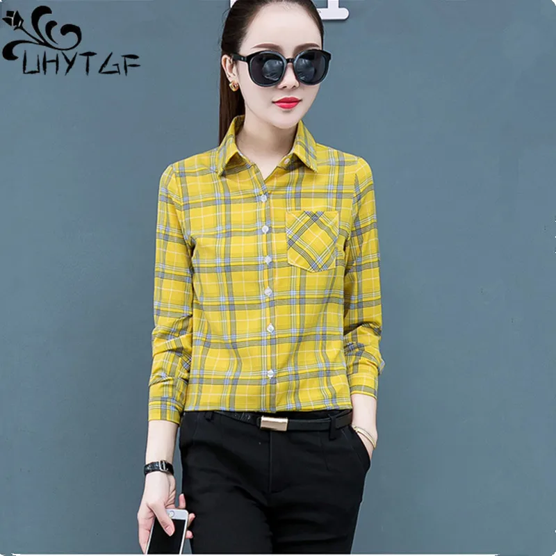 

UHYTGF S-5XL Shirts & Blouses Women Single Breasted Lapel Spring Summer Shirt Female Plaid Thin Tops Elegant Ladies Clothes 2105