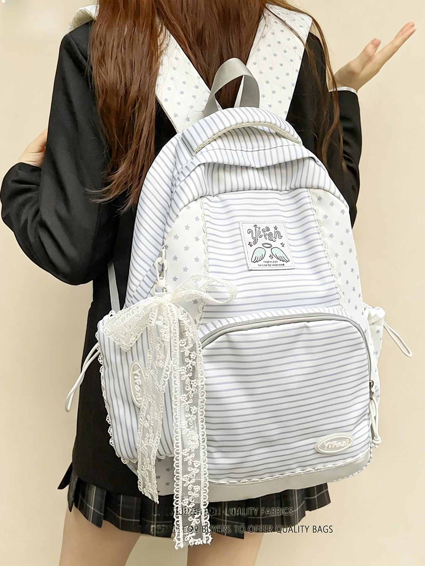 Adorable Striped Student Backpack Lightweight Casual Large Capacity Girls' Backpack Youth Commuter Bag Waterproof Zipper