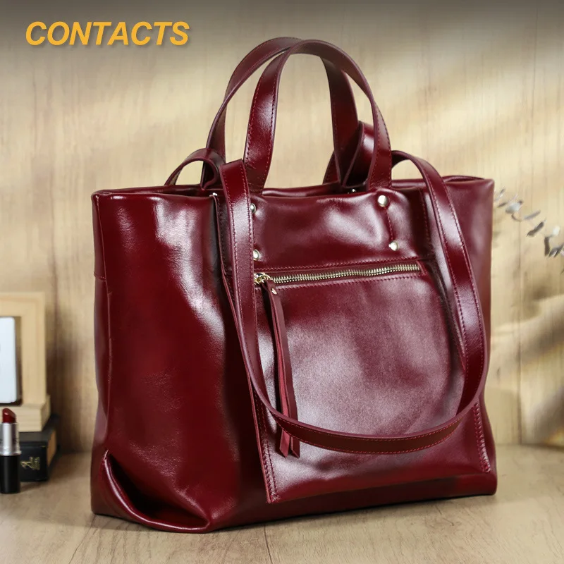 Ladies Top Layer Cowhide Leather Handbag for 14 Inch Laptop Large Capacity Multi-compartment Genuine Leather Single Shoulder Bag