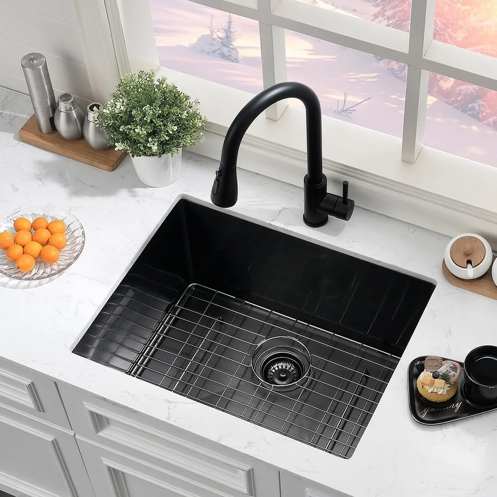 حوض غسيل من الفولاذ المقاوم للصدأ باللون الأسود غير اللامع مقاس 24 × 19 بوصة مع مقياس 16 لغرفة المرافق