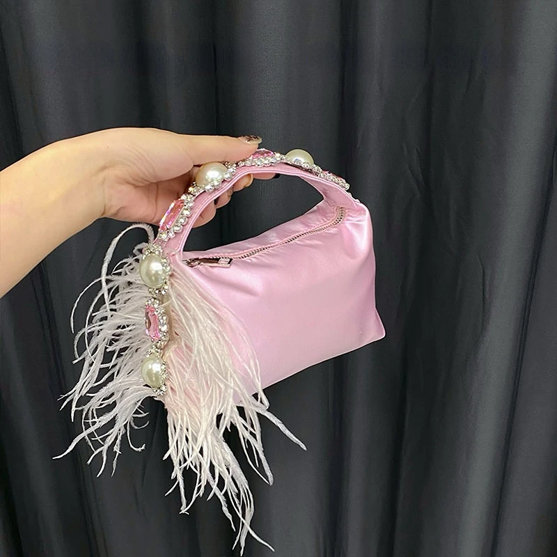 Luxury Ostrich Feathers Diamonds Evening Bags Rhinestone Women Handbag Real Fur Shoulder Crossbody Bag Glitter Party Small Purse