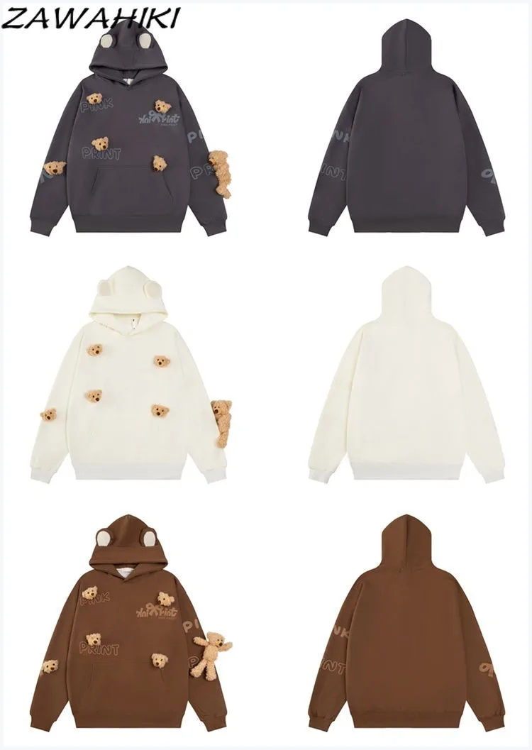 Sweats à capuche doux pour femmes avec poignées amovibles, sweat-shirt petit ours pour femmes, pulls College Kawaii, dame de bureau, décontracté