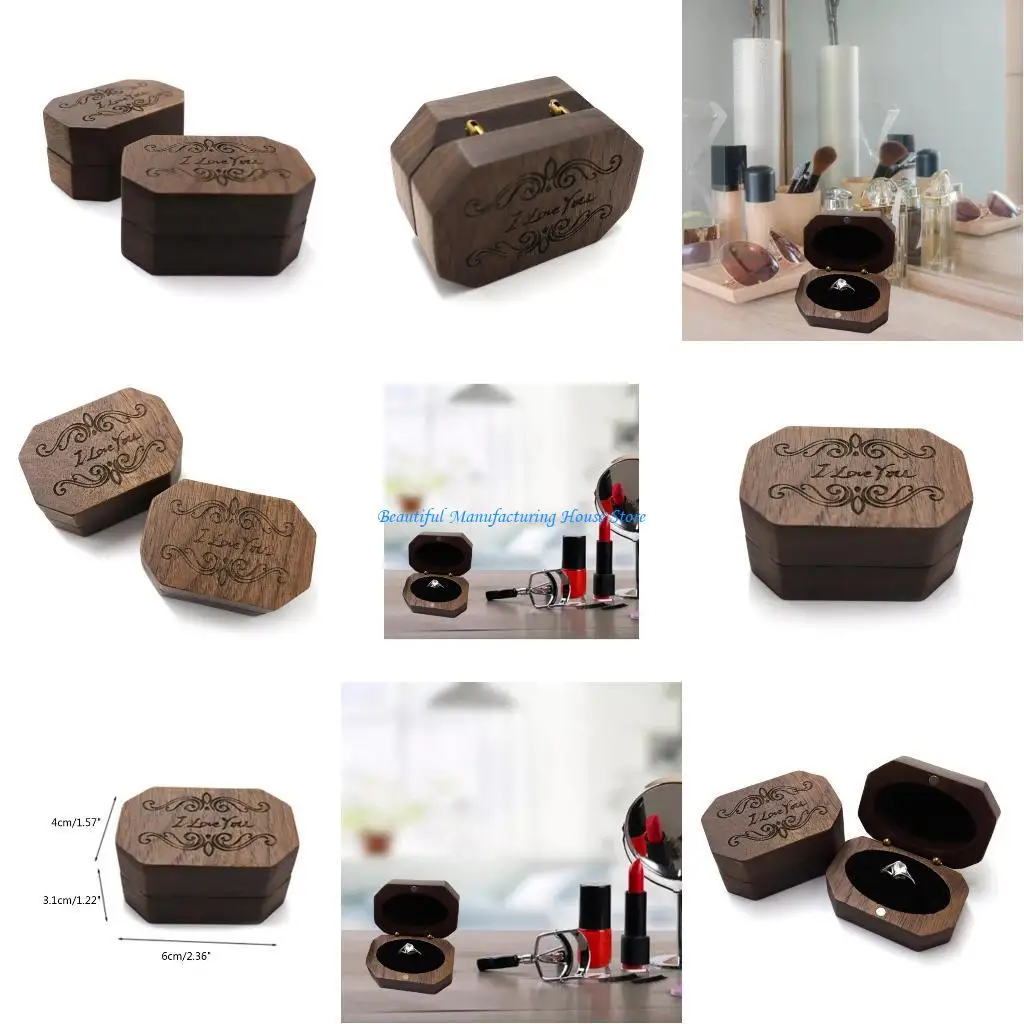 

E56A Vintage Black Walnut Jewelry Ring Box Earrings Ring Necklace Storage Box