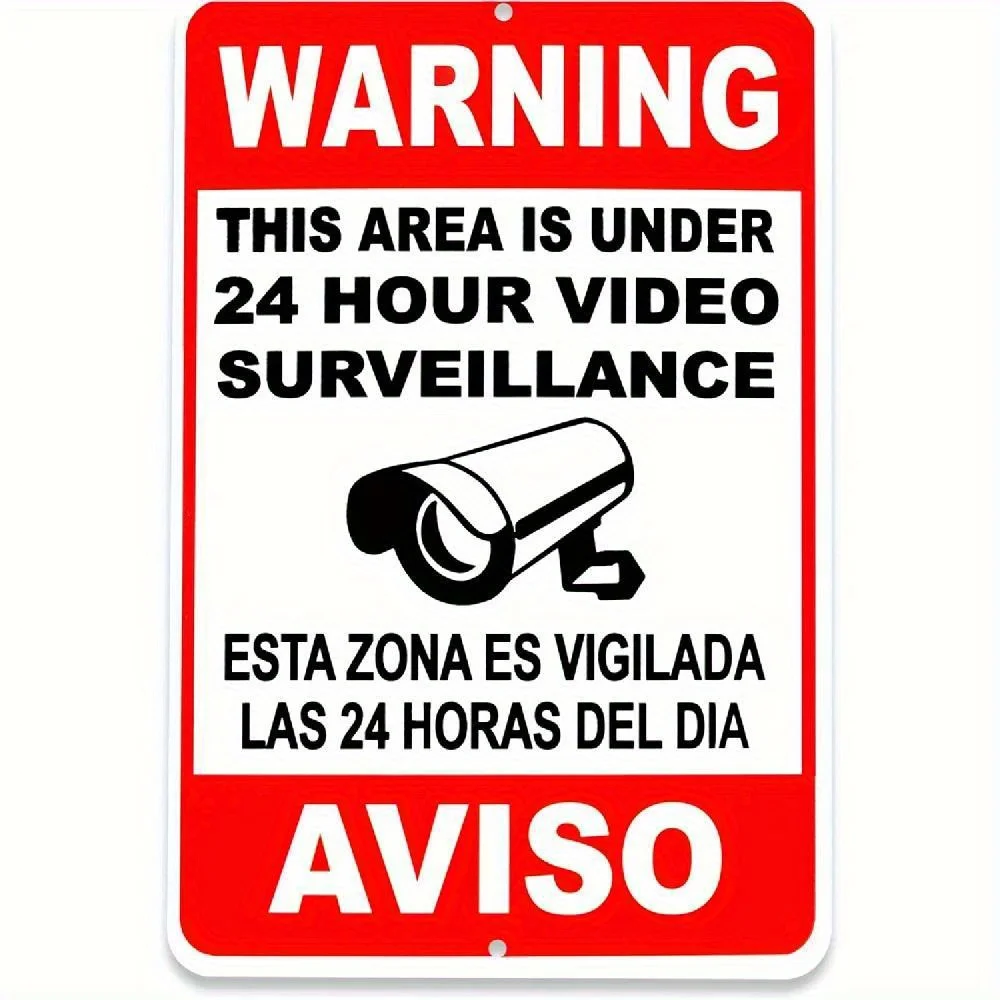 Aluminum 24-Hour Video Surveillance Sign - Wall-Mounted, English & Spanish, Property Security Decorative Plaque for Home & Off