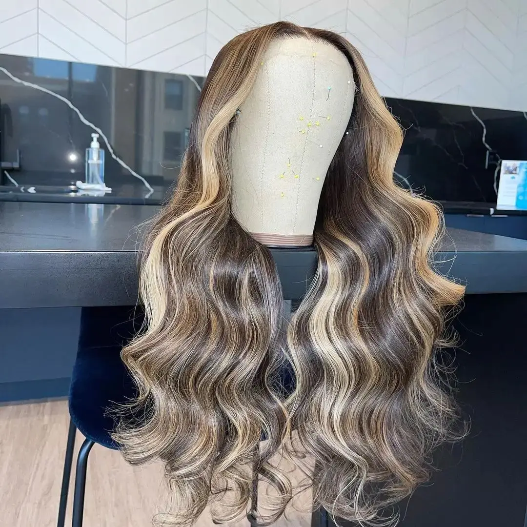 Highlights Blonde Brown Wig 28Inch Long Wave Synthetic HD Lace Front Wig Pre Plucked Hairline Middle Part Realistic Look Wig