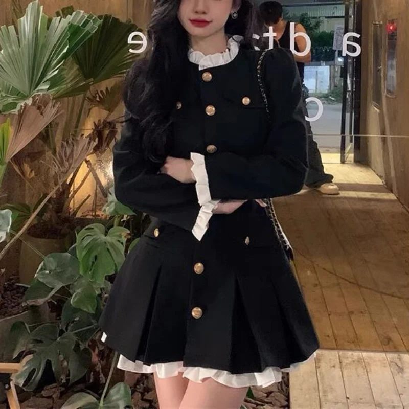 Women Autumn Korean New Doll Neck Pleated Skirt Fashion Chic Sweet Youth Style Solid Button Ruffle Edge Long Sleeve A-line Skirt