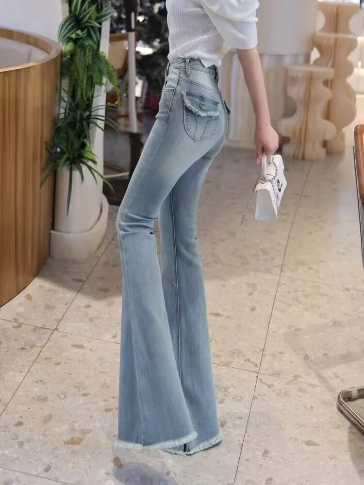 

Женские джинсы клеш с высокой талией, светло-голубые, из эластичного хлопкового денима, в гонконгском стиле, весенний модный дизайн, длинные джинсы с широкими штанинами
