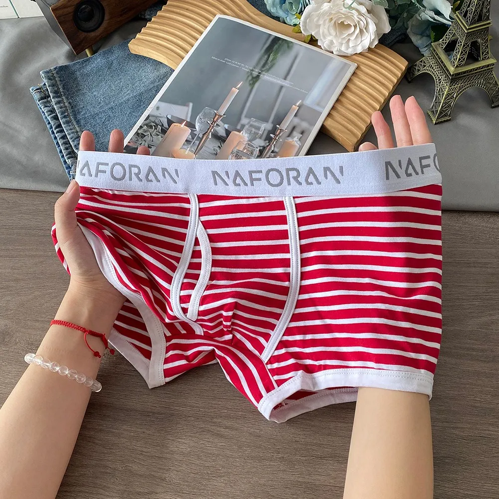 

Men Striped Cotton Boxer Shorts Stretch Lingerie Side Opening Underpants Mid Rise Mens Sexy Underwear Trunk Summer Men's Panties
