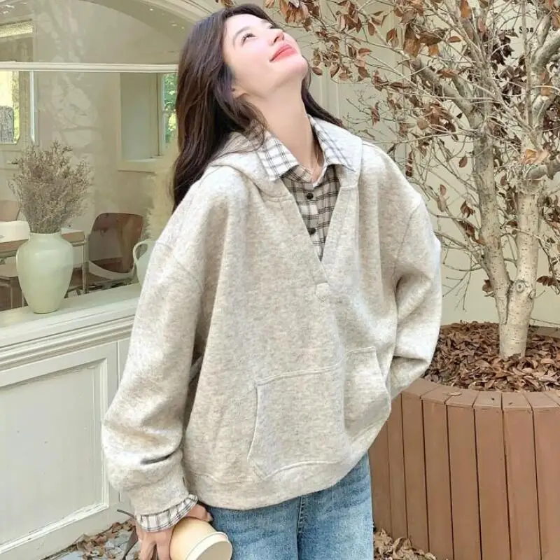 

Женская толстовка-обманка из мягкого хлопка, новинка ранней весны, в корейском стиле, повседневный стильный дизайн, топ, спортивная толстовка с капюшоном