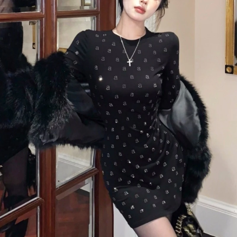 فستان Wang's Style قطني مرن نحيف لامع باللون الأسود الماسي للنساء فساتين طويلة للحفلات المسائية بأكمام طويلة