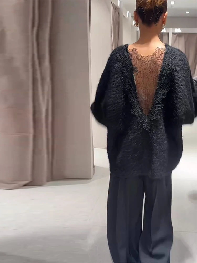 Pulls en tricot patchwork à lacets au dos pour femme, décontractés, unis, à manches longues, col rond, amples, collection Printemps 2026