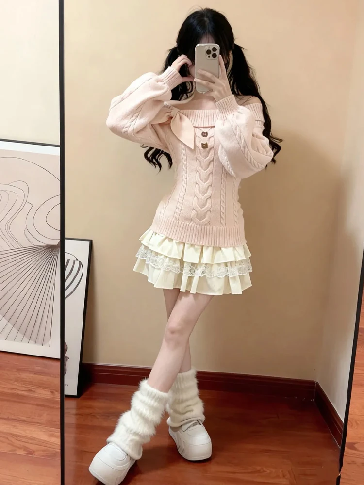 اليابانية الحلو نمط الأرنب الأذن متماسكة سترة كابل متماسكة سليم صالح البلوز المرأة طالب أعلى رمادي وردي متاح Kawaii الأزياء #6