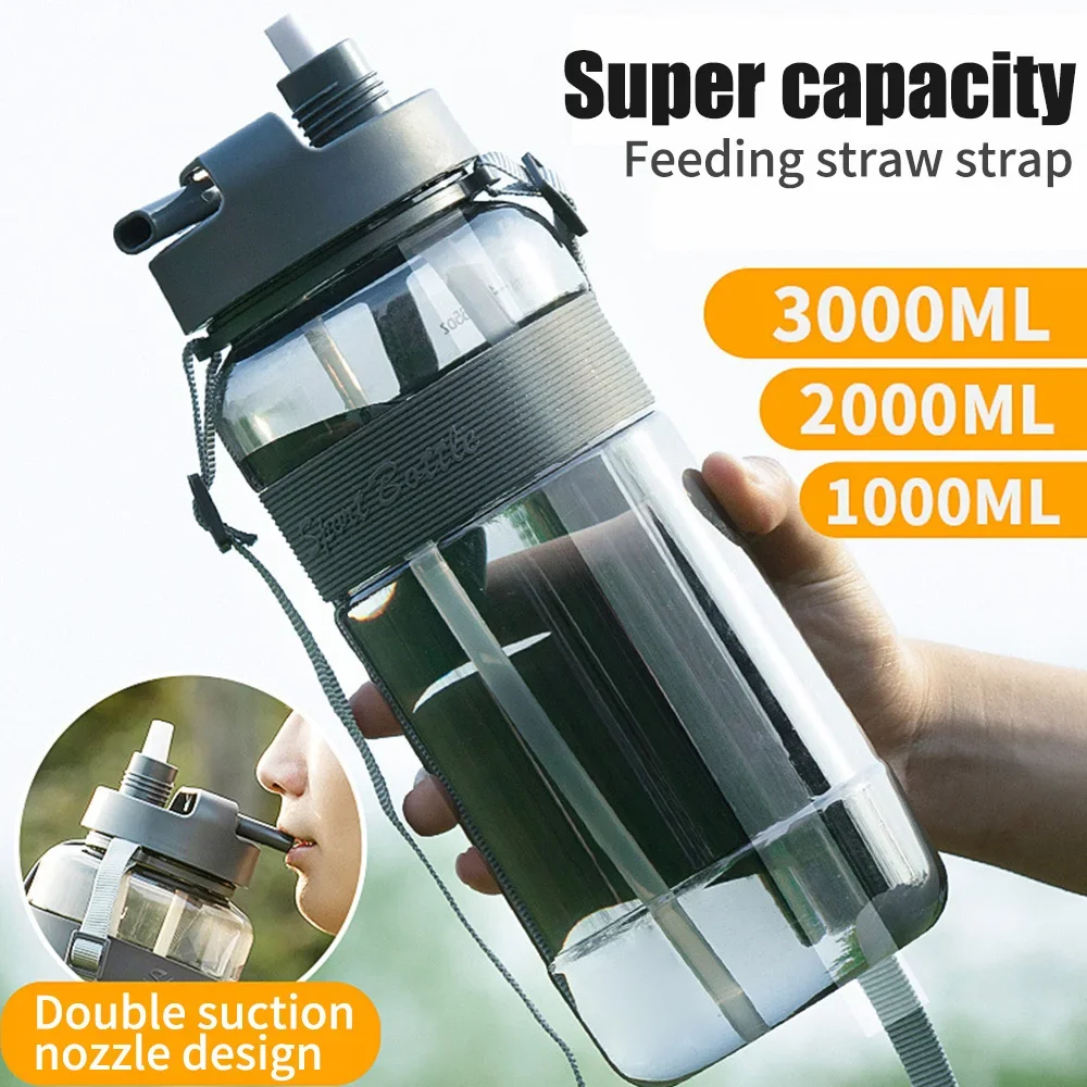 New 3 Liter Portable Sport Water Bottle With Straw Gym Drinking Bottle With Strap For Outdoor Travel Large Capacity Fitness Cup