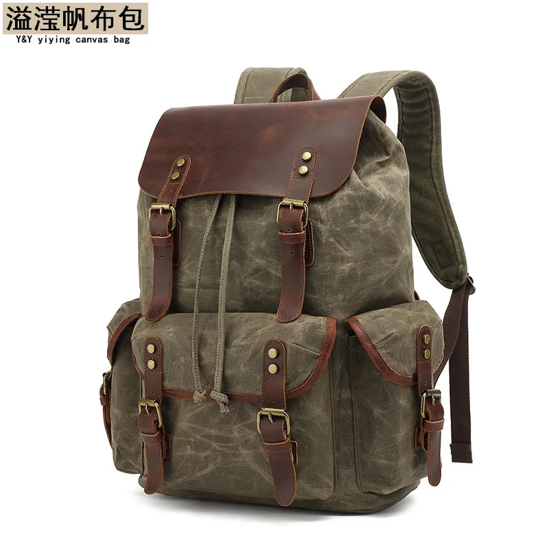 

Casual Oil Wax Canvas Backpacks Vintage Waterproof Large Capacity Travel Bag Women Mochila Leather Laptop Drawstring Rucksack