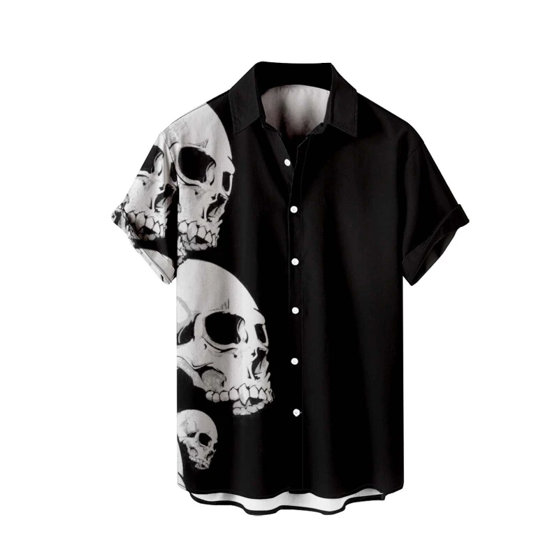 

Halloween Shirts For Men 2025 Skeleton Skull Print Costumes Short Sleeve Button Down Shirt Tops Horror Men T-Shirts Dropshipping