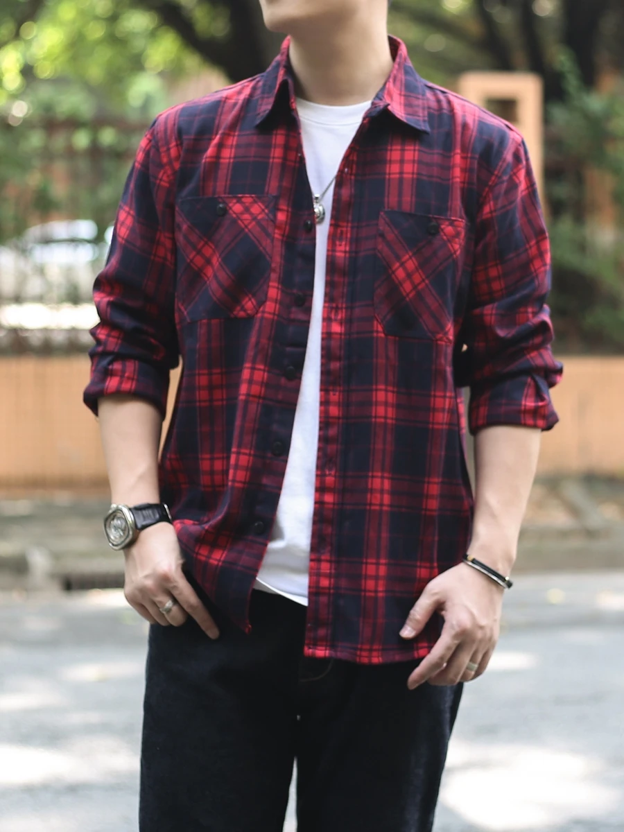 

Повседневная рубашка в клетку в американском стиле ретро, мужская рубашка с длинными рукавами, весенне-осенняя прочная рабочая одежда, повседневный топ