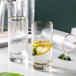 2pcs Set 11oz 320ml Japanese Style Gold Edged Hammer Patterned Glass Water Cup Transparent Household Fruit Juice Tea Drinkware