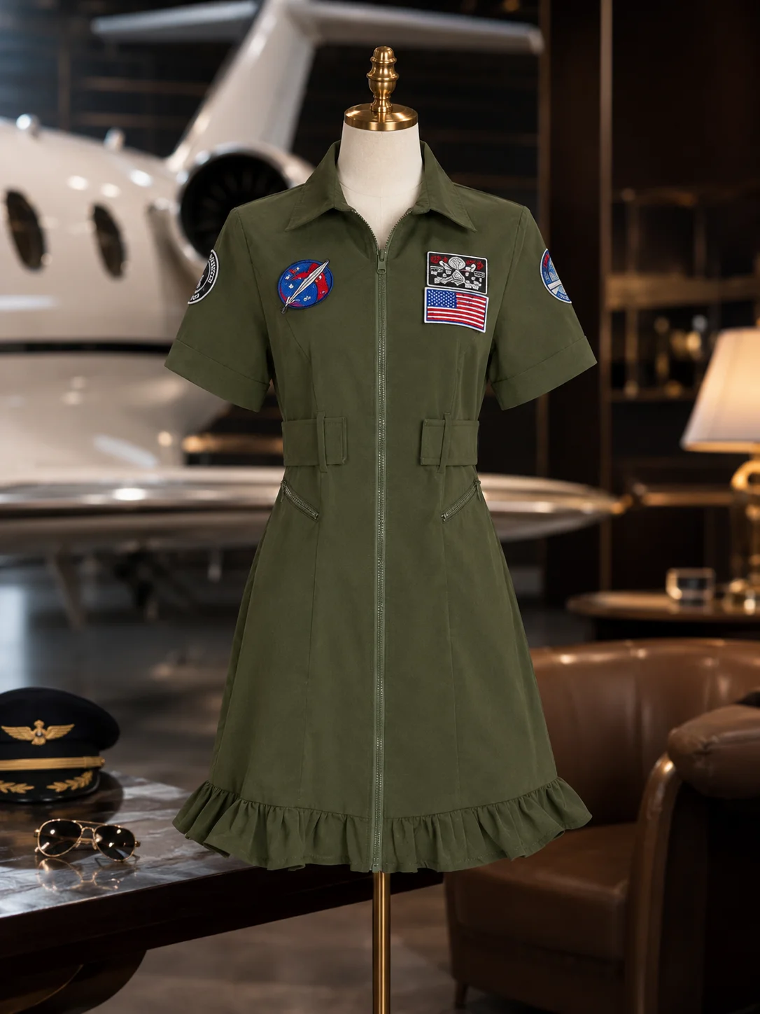 Women Sexy Top Gun Pilot Costume Olive Green Short Sleeve Zip Front Embroidered Badge Belted Ruffle Hem Mini Dress for Halloween Cosplay Carnival Theme Party Fancy Dress，cosplay party, carnival, fancy dress, theme party, sexy uniform, 80s costume view 4