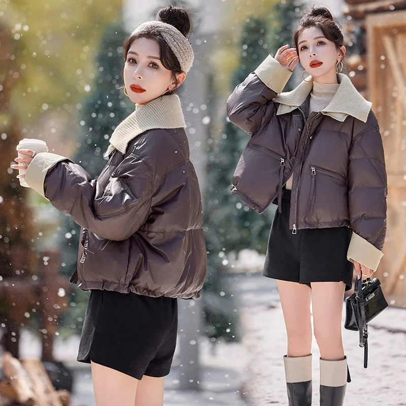 

2025 New Women Knitted Collar Leather Jacket Short Winter New Down Cotton Jacket Warm PU Cotton Padded Jacket Female Outerwear