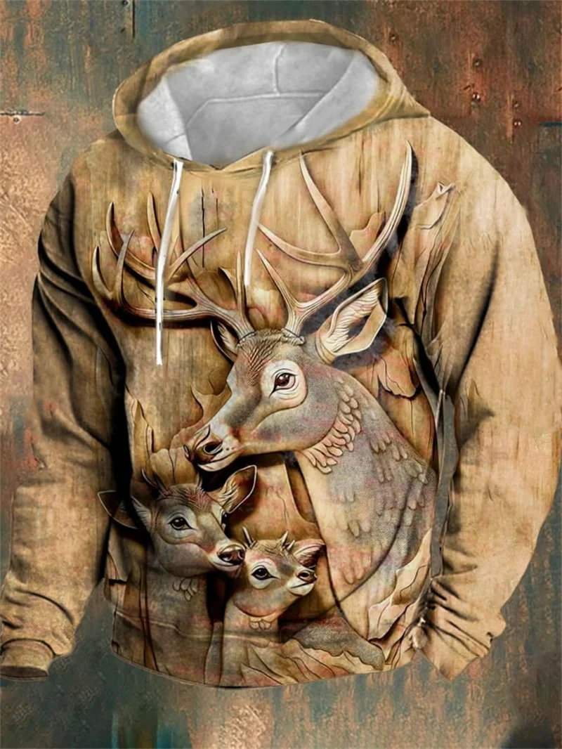 Deer Animal Pattern 3D Print Hoodies Men Women Long Sleeve Vintage Hooded Sweatshirts Oversized Y2k Pullover Male Tops Clothing