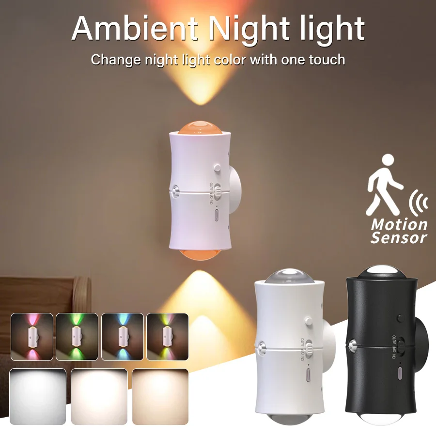Double-head Motion Sensor Night Light Rechargeable Magnetic Wall Lamp RGB Changing Mood Ambient Light for Cabinet Hallway Stair