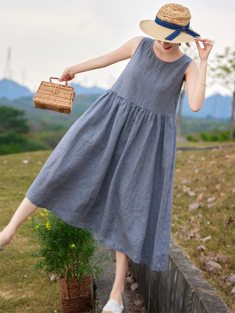 ผู้หญิงผ้าฝ้ายลินินชุดยาวใหม่มาถึง 2025 ฤดูร้อนสไตล์วินเทจ O-คอลายสก๊อตหลวมหญิงสบายๆ A-Line ชุด T584