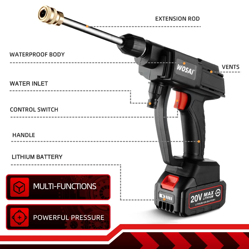 WOSAI ไร้สาย PressureElectric รถเครื่องซักผ้า20V Multi-Function หัวฉีดแบบพกพาทำความสะอาดโฟมรถล้างสวนสเปรย์