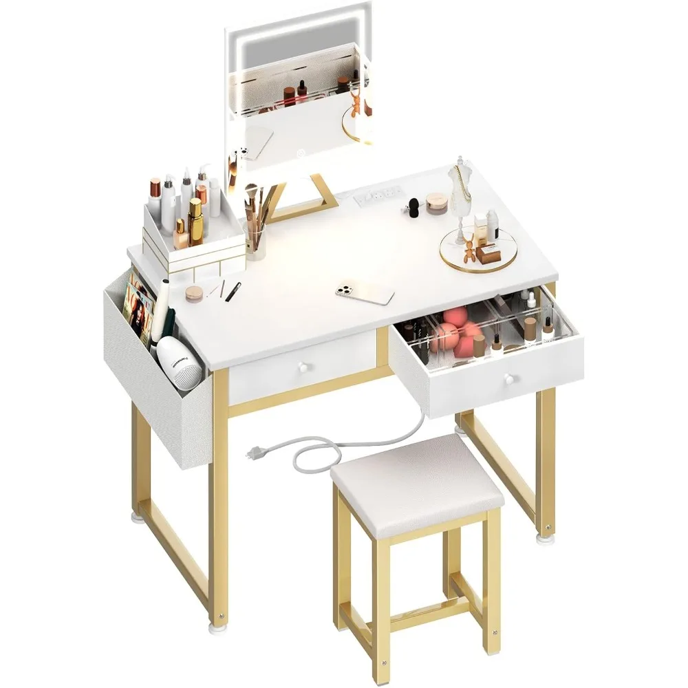 

Small Makeup Vanity Desk with Fabric Drawers, 32 inch White Vanity Desks with Mirror and Light, Dressing Table and Chair Set