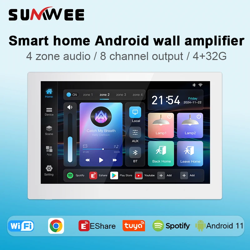 8 inch Android 11 system 4 zone audio in wall amplifier 4+32G touch screen bluetooth music player TUYA Smart home controls panel