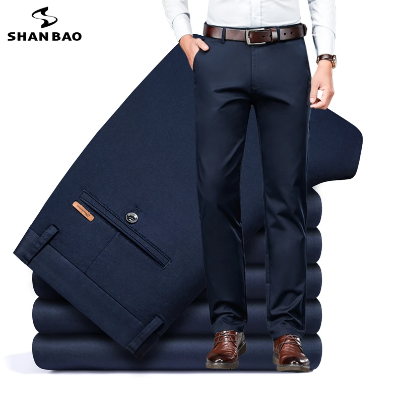 

SHAN BAO Spring Brand Fitted Straight Cotton Stretch Pants Classic Business Casual Youth Men's Office Pure Color Slim Trousers