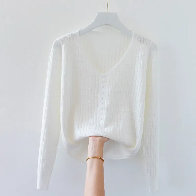 Women V-Neck Knitted Sweater Korean Fashion Autumn Winter Bottoming Pullover All-Match Vintage Long Sleeve Knitwear Pullover