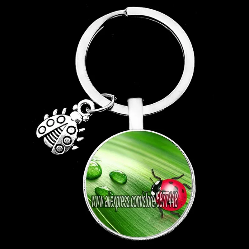 Cute Animal Ladybug Girl Glass Cabochon Keychain Lovely Insect on The Leaf Women Keychain Gift for Ladybug Lovers