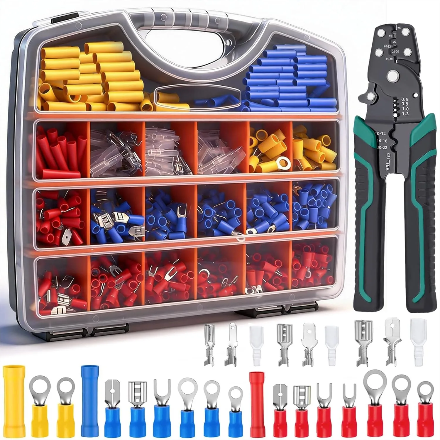 

1100Pcs Crimp Wire Connectors with Crimping Tool, 22-10AWG Insulated Spade/Fork/Ring/Butt for Electrical Speaker Wire